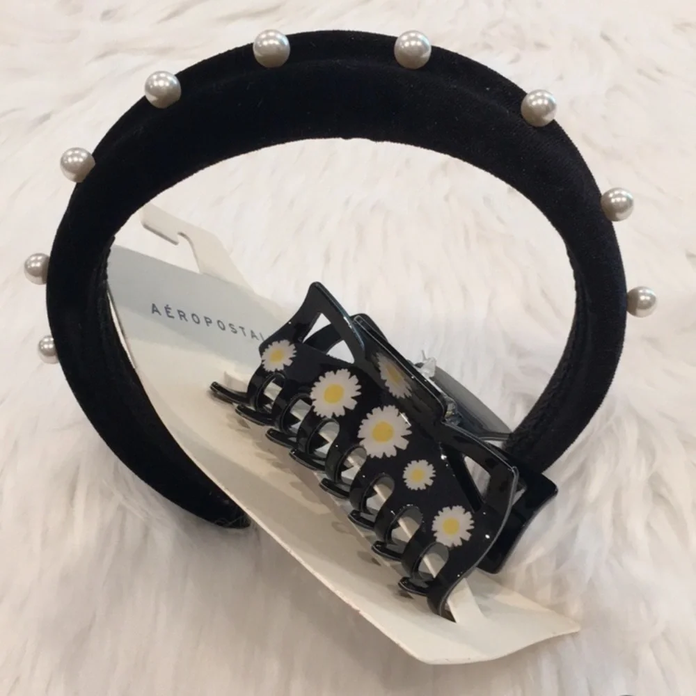Velvet Head Band w/ Faux Pearls & Clip Set